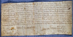 Carta del Rey Carlomagno (Carlos I, Carlos el Grande o Carolus Magnus) (742-814) eximiendo a la abadía de Saint Denis de las tarifas de peaje durante la feria. Finales del siglo VIII. París, Archivos Nacionales de Anonymous Anonymous