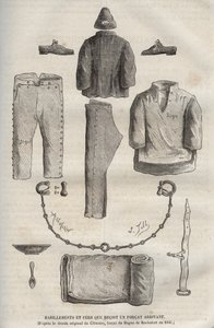 Ropa y grilletes recibidos por un forzado al llegar al bagne de Rochefort en el siglo XIX (del dibujo original de Clemans, forzado del bagne en 1840). Grabado en “Histoire des bagnes depuis leur création à nos jours” (1877) de Pierre Zaccone (1817-1895). de Anonymous Anonymous
