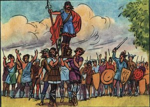 Clodoveo (rey de los francos de 481 a 511) fue elegido rey por los salios que lo llevaron en el baluarte (escudo) mientras recorrían el campamento. Ilustración anónima en 