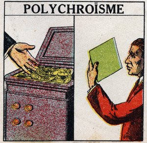Colores: policromismo. Las monedas de oro son amarillas, pero el oro en capa delgada es de color verde. Ilustración anónima de 1925. Colección privada.