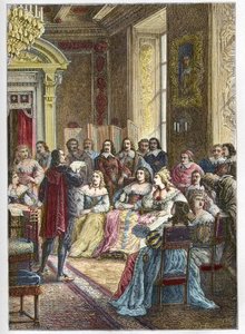 Corneille leyendo su tragedia de Polyeucte en el Hotel de Rambouillet frente a Catherine de Vivonne, Marquesa de Rambouillet y en presencia de los caballeros y hombres de la Iglesia