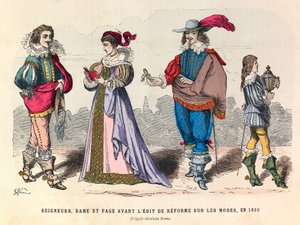 Trajes de señores, dama y paje antes del edicto de reforma sobre la moda en París en 1633