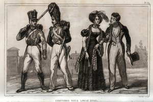 Trajes bajo Luis XVIII. Grabado de 1859 en “Le Monde. Historia de todos los pueblos desde los tiempos más remotos hasta la actualidad” de M. E. de Lostalot-Bachoue. Colección privada. de Anonymous Anonymous