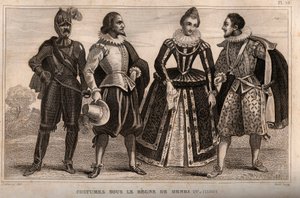 Trajes bajo el gobierno de Enrique IV (1590). Grabado de 1859 en “Le Monde. Historia de todos los pueblos desde los tiempos más remotos hasta el presente” por M. E. de Lostalot-Bachoue. Colección privada. de Anonymous Anonymous
