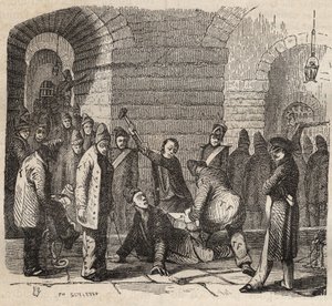 Acoplamiento en el Bagne de Rochefort en el siglo XIX. Grabado en “Histoire des bagnes depuis leur création à nos jours” (1877) por Pierre Zaccone (1817-1895). Colección privada.