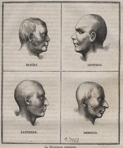 Frenología criminal en el Bagne de Brest (retratos que representan las características fisionómicas de diferentes tipos de criminales). Grabado en “Histoire des bagnes depuis leur création à nos jours” (1877) por Pierre Zaccone (1817-1895).
