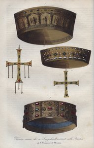 Coronas de los soberanos del Reino Lombardo (568-774), conservadas en la Basílica de San Juan de Monza - Diferentes coronas de los reyes lombardos conservadas en la Basílica de San Giovanni di Monza - grabado de “Usi e Costumi di Tutti i Popoli dell de Anonymous Anonymous