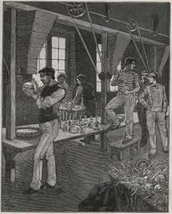 Taller de grabadores de cristal en Francia en el siglo XIX. Grabado de 1885 en "Les arts et metiers illustres" por Adolphe BITARD de Anonymous Anonymous
