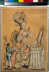 Lady at a Toilet with a Black Boy - Obra anónima, Acuarela sobre papel hacia 1770 (29,2 x 21,2 cm) - Galería Estatal Tretyakov, Moscú de Anonymous Anonymous