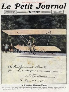 Retrato dedicado del inventor y ciclista francés Gabriel Poulain a bordo de su “aviette”, una bicicleta equipada con alas biplano que le permitieron volar unos metros sin motor. Ilustración tomada de “Le petit journal illustrious” del 24/07/1921. de Anonymous Anonymous