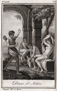 Diana y Acteón. Diana sorprendida en el baño por el cazador Acteón. Grabado de 1819 en “Cartas a Emilie sobre la mitología” de Charles Albert Demoustier (1760-1801). Colección privada.