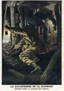 Desastre de la mina Clarence (Nord pas de calais): los esfuerzos de rescate intentan recuperar los cuerpos de las víctimas de la explosión de grisú. Ilustración tomada de “Le Petite Journal” 22/09/1912. Colección privada de Anonymous Anonymous