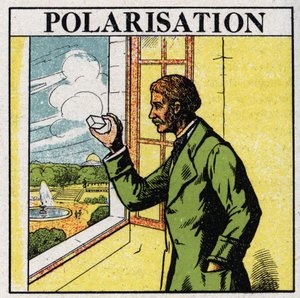 Doble refracción: Etienne Louis Malus (1775-1812) observa a través de un espato la luz del sol poniente reflejada por las ventanas de vidrio de Luxemburgo en 1808. Ilustración anónima de 1925. Colección privada.
