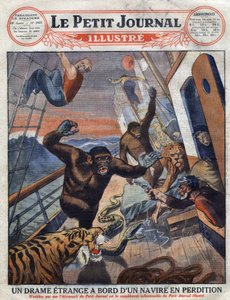Drama sobre el transatlántico francés "Saint Etienne": gorilas, tigre, león y serpiente destinados a jardines zoológicos ingleses escaparon de su jaula y atacaron a los miembros de la tripulación. Grabado. Uno de "Le Petit Journal Illustré" de Anonymous Anonymous