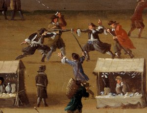 Escena de duelo en el Pont Neuf en París en el siglo XVII (detalle) de Anonymous Anonymous