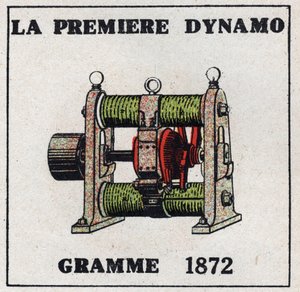 Dínamo: el primer dínamo inventado por Zénobe Théophile Gramme en 1872. Ilustración anónima de 1925. Colección privada.