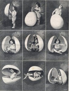 Huevos de Pascua: una niña en un huevo. Grabado en 