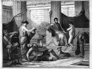 Educación en Esparta en la antigua Grecia: un esclavo borracho es presentado a un joven para mostrarle los peligros del alcohol. Grabado de 1880 en “La republique illustree” colección privada.