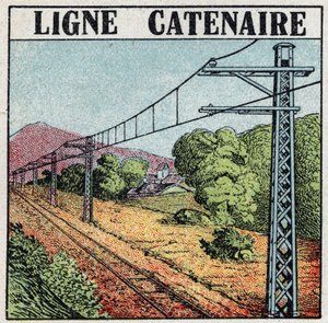 Ferrocarriles eléctricos: línea catenaria. Ilustración anónima de 1925. Colección privada.
