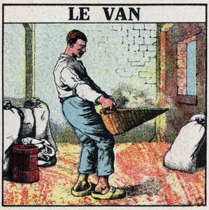 Herramientas eléctricas: el ventilador o cesta de mimbre utilizada para limpiar el grano antes de la invención de las máquinas eléctricas. Ilustración anónima de 1925. Colección privada. de Anonymous Anonymous