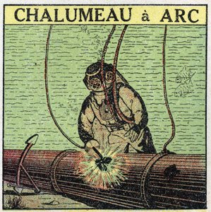 Herramientas eléctricas: antorcha de arco utilizada por un buzo en el fondo del agua. Ilustración anónima de 1925. Colección privada. de Anonymous Anonymous