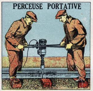Herramientas eléctricas: taladro portátil. Ilustración anónima de 1925. Colección privada.