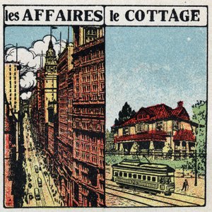 Tranvías eléctricos: línea de tranvía en la ciudad (izquierda) y en el campo (derecha). Ilustración anónima de 1925. Colección privada.