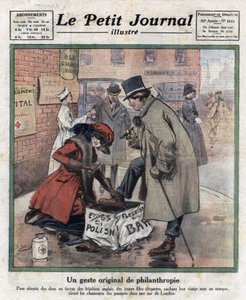 Jóvenes elegantes, su rostro oculto tras una máscara, lustran los zapatos de los transeúntes de Londres para recaudar dinero para hospitales ingleses. Ilustración tomada de “Le petit journal illustrious” del 06/11/1921. Colección privada de Anonymous Anonymous