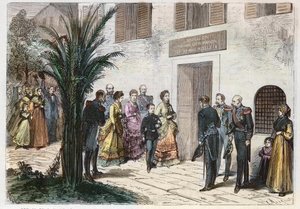 La emperatriz Eugenia y el príncipe imperial Luis Napoleón visitan la casa donde nació Napoleón I, en Ajaccio, Córcega, Francia 1869 - viaje del Príncipe Imperial y la Emperatriz - visita a la casa de Napoleón I en Ajaccio - 1869 de Anonymous Anonymous