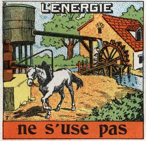 La energía no se agota: caballo atado a un carrusel y escucha agua en un depósito. Ilustración anónima de 1925. Colección privada.