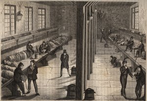 Fuga de tres convictos en la sala Saint Gilles del bagne de Rochefort el 28 de diciembre de 1840. Grabado en "Histoire des bagnes depuis leur création à nos jours" (1877) por Pierre Zaccone (1817-1895). Colección privada