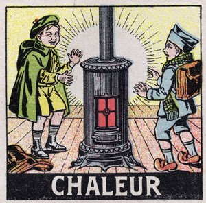 Éter (material): dos niños calentados por el calor de una estufa. Ilustración anónima de 1925. Colección privada de Anonymous Anonymous