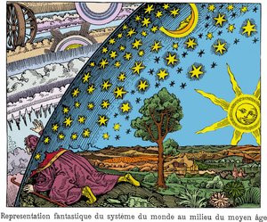 Representación fantástica del sistema mundial en pleno Medioevo. Imagen italiana del siglo XVIII