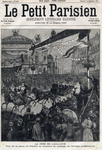 Fiesta de la Alianza Franco-Rusa: vista de la Plaza de la Ópera durante el paso del cortejo presidencial de Félix Faure (1841-1899). En "Le Petit Parisien" el 12/09/1897. Colección privada