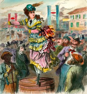 Feminismo: Discurso por el empoderamiento de las mujeres en los Estados Unidos. Una joven de pie sobre un barril reclamando los derechos de las mujeres. Grabado del siglo XIX