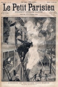 Bombero de París: escena de rescate durante el incendio del Boulevard Saint-Martin. Grabado en “Le petit Parisien” de 1891. Colección privada. de Anonymous Anonymous