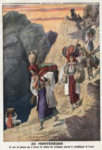 Primera Guerra Balcánica: mujeres montenegrinas cruzan las montañas a pie para asegurar el suministro de armas. Ilustración tomada de “Le Petite Journal” 17/11/1912. Colección privada de Anonymous Anonymous
