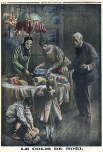 Primera Guerra Mundial 1914-1918. Regalo de Navidad: Los niños reciben y desempacan paquetes que recibieron de su padre en el campo de batalla en Nochebuena. En “Le Petite Journal”, el 24/12/1916. Colección privada