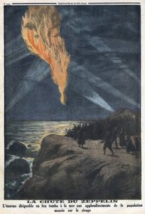 Primera Guerra Mundial 1914-1918. Caída de un zepelín del ejército alemán en llamas regresando de una incursión en Inglaterra. En 