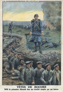 Primera Guerra Mundial 1914-1918. "Cabezas de cabeza": desfiles de prisioneros alemanes en una trinchera conquistada por las tropas del ejército francés. En "Le Petite Journal", el 5/03/1916. Colección privada