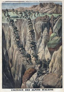 Primera Guerra Mundial 1914-1918. Soldados italianos escalan la cima del Cauriol en los Alpes de Fiemme en Italia. En 