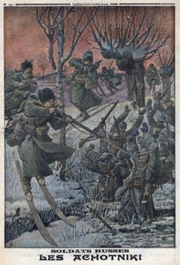 Primera Guerra Mundial 1914-1918. Soldados rusos Ahotniki en esquís disparan a soldados alemanes. En 
