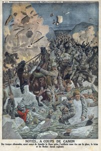 Primera Guerra Mundial 1914-1918. El ejército alemán intenta cruzar el río Duna, pero la artillería rusa dispara sobre el hielo con un cañón y ahoga al ejército alemán (apodado Boche en el texto). En “Le Petite Journal” de Anonymous Anonymous