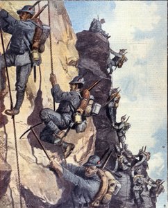 Primera Guerra Mundial: cazadores alpinos italianos (alpino o alpini) escalando una pared en los Alpes italianos de Anonymous Anonymous