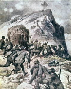 Primera Guerra Mundial: “cazadores alpinos italianos (alpino o alpini) escalando la cima del Cauriol, Alpes italianos” 1916. Ilustración de “La domenica del corriere” de Anonymous Anonymous