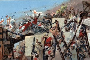 Primera cruzada (1096-1099): la captura de Jerusalén por los cruzados liderados por Godefroy de Bouillon (1061-1100) el 15 de julio de 1099. Cromolitografía publicitaria de chocolates Antoine en Bruselas, principios del siglo XX. Colección privada. de Anonymous Anonymous