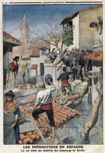 Inundaciones en España: el rey Alfonso XIII (1886-1941) visita los suburbios siniestrados de Sevilla. Grabado en “Le Petit Journal”, el 25/02/1912. Colección privada