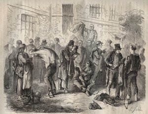 Forzados vendiendo sus pertenencias antes de entrar en el Bagne de Toulon en el siglo XIX. Grabado en “Histoire des bagnes depuis leur creación à nos jours” (1877) por Pierre Zaccone (1817-1895). Colección privada.