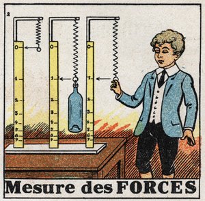Fuerzas: uso de resortes llamados dinamómetros para medir fuerzas. Ilustración anónima de 1925. Colección privada. de Anonymous Anonymous