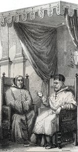 Francisco de Paula fundador de la Orden Católica Romana de los Mínimos y el Papa Sixto IV - San Francisco de Paula (Francesco di Paola) (1416-1507), fundador de la Orden de los Mínimos con el Papa Sixto IV - Grabado de 1846 en 